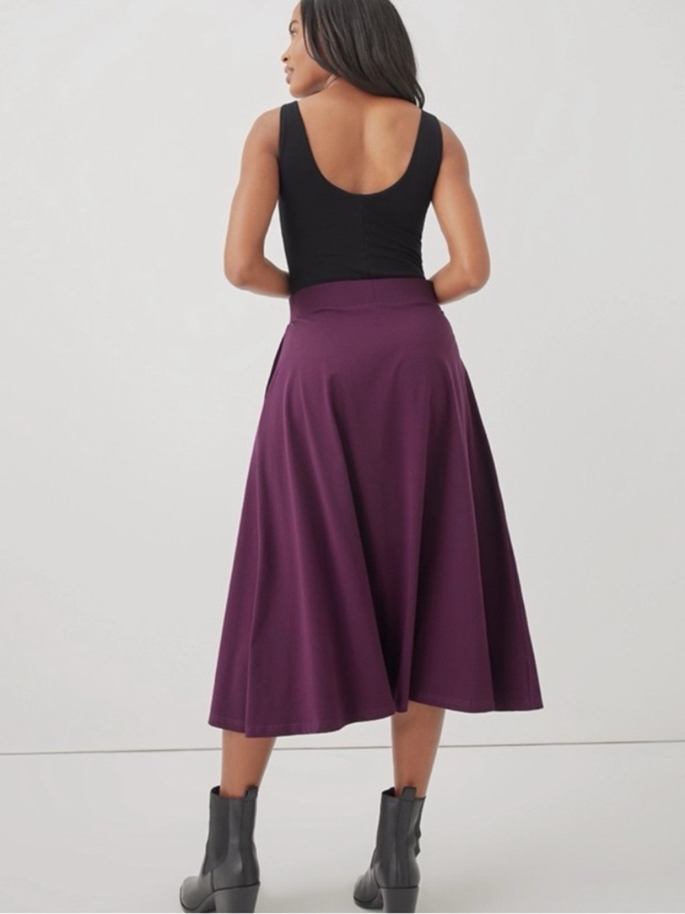 Pact Organic Cotton Fit & Flare A-Line Skirt Midi Length Size Large Plum Purple - Picture 3 of 9